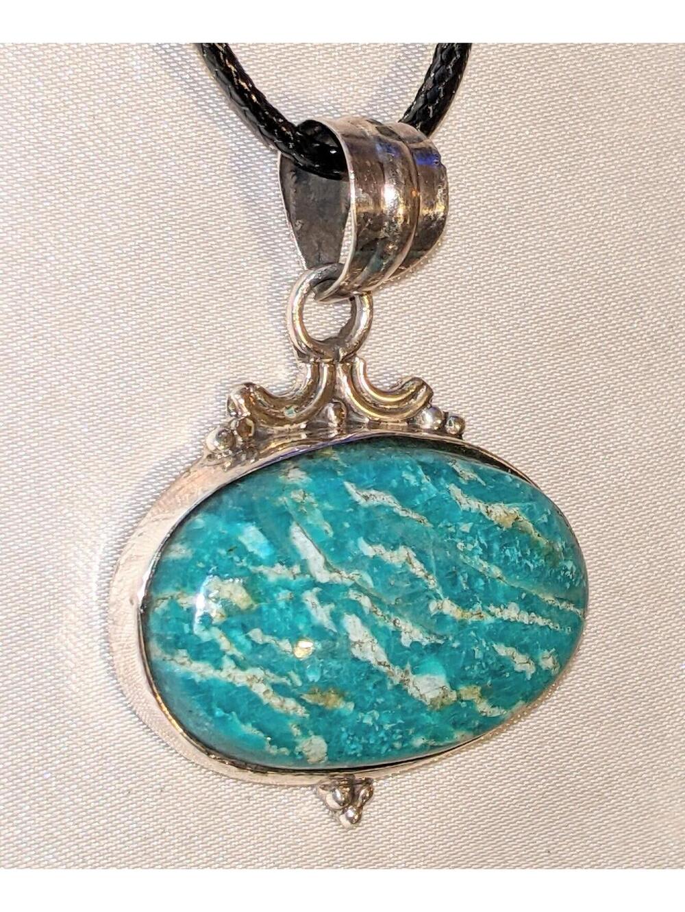 Vintage Siberian Amazonite 925 Sterling Silver Pendant Necklace Handmade NOS - Picture 1 of 7